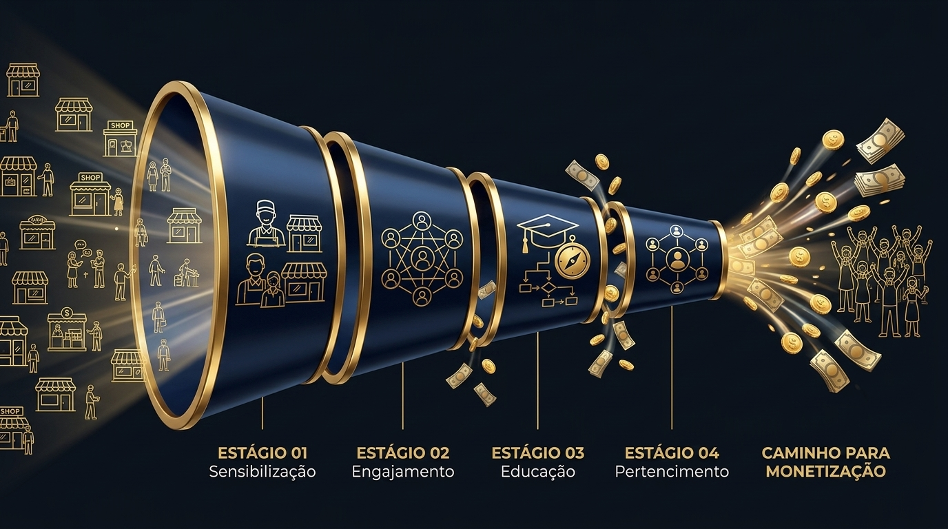 O funil do movimento — da sensibilização ao pertencimento, com monetização crescente a cada etapa