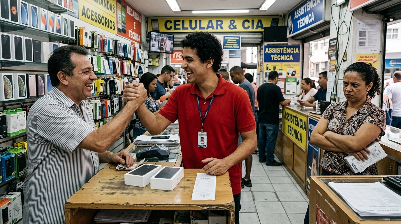 Lojista e promotor comemorando a venda, mas a cliente enganada, indignada, no canto